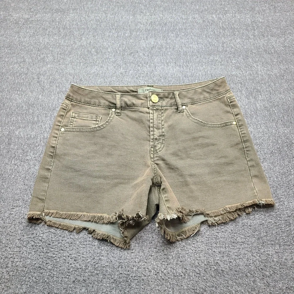 Refuge Denim Shorts Women‎ 2 Olive Green Excellent Frayed Raw Hem Low Rise